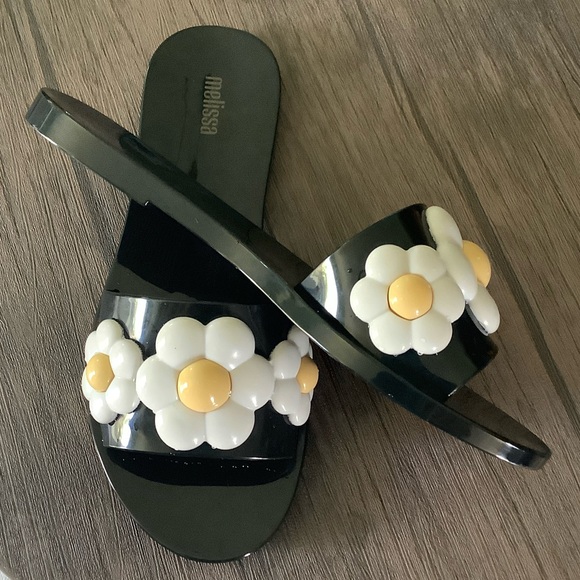 Melissa Black Sandals Flats with White and Yellow Floral Design - Picture 2 of 5